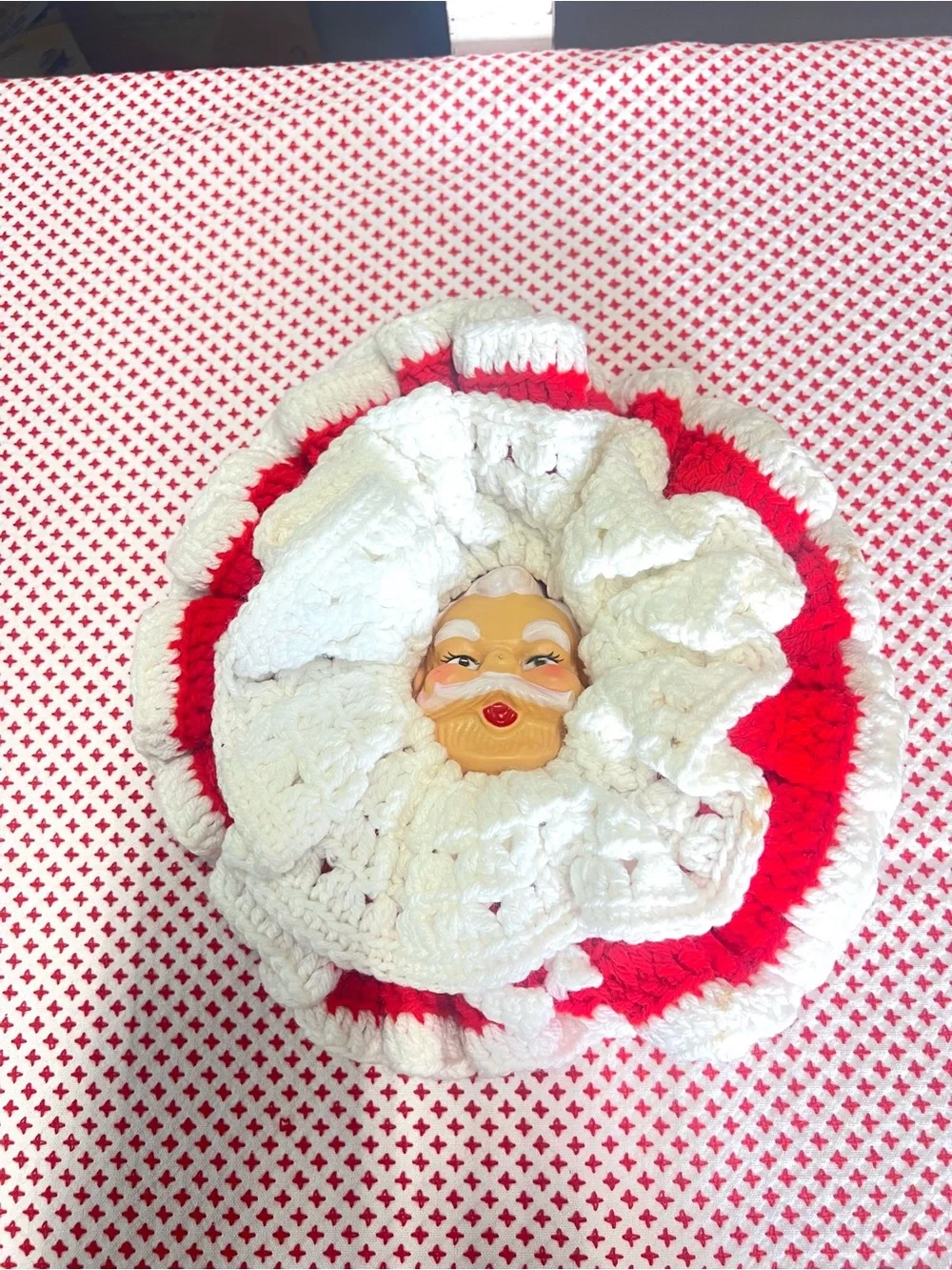 Vintage Santa face decor crocheted holiday Christmas kitch grandma core retro